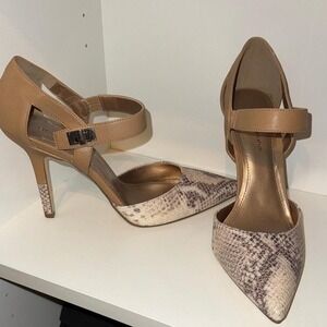 BCBGeneration d'Orsay Pumps Womens 8.5 Tan Snakeskin Pointed Toe Ankle Strap